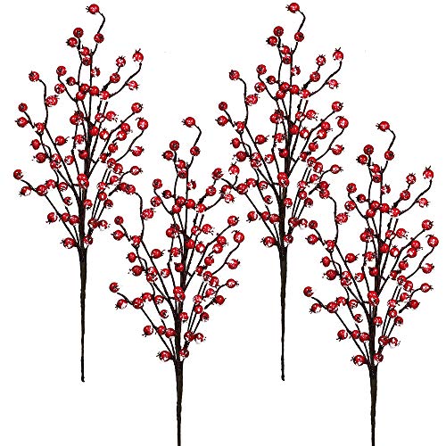 4 Pack Snowy Red Berry Picks Artificial Berry Spray Christmas Berry Stems Red Berry Twig Branches For Christmas Holiday Winter Floral Arrangement Centerpiece Seasonal Decoration 18.1" Tall #TOP7