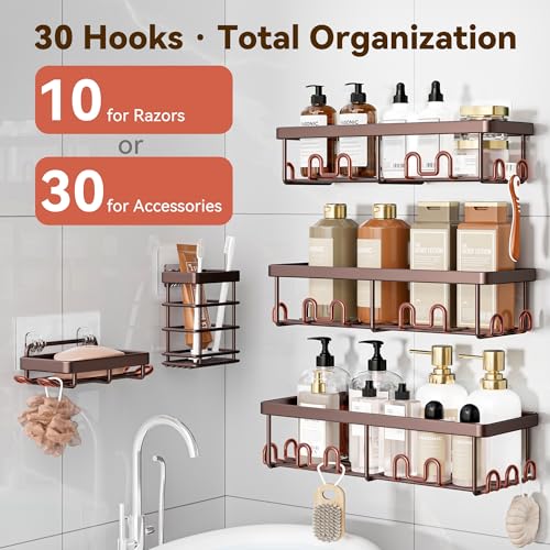 Image of YASONIC Shower Caddy Adhesive, 100% Rustproof Shower Organizer with Soap and Toothbrush Holder, Large Capacity Shower Shelves for Inside Shower, No Drill Shower Storage for Home (5 Pack Bronze)