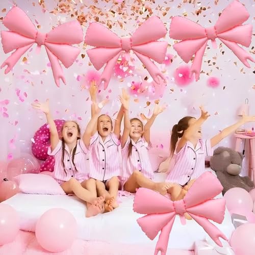 Image of 4 Pcs Large Pink Bow Balloons, Coquette Birthday Decorations