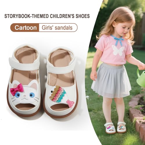 Toddler Girl Sandals with Flower, Breathable Leather kids Closed Toe Sandals, Soft Rubber Non-Slip Summer Shoes for Little Girls 2-7 Years2