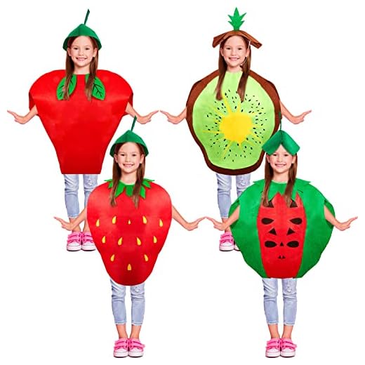 4 Pcs Fruits Costume for Kids Watermelon Strawberry Apple Outfit Summer Fruit Cute Costume Kiwi Strawberry Costume for Girls Boys Children Kids Cosplay Party, One Size Fits All