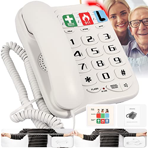 Big-Button-Phone-for-Seniors-Telephones-for-Hearing-Impaired-9-Picture-Labels-and-3-Picture-Keys-Extra-Long-164-Cord-Simple-Landline-Phones-for-Seniors-White