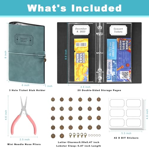 Image of Blue PU Leather Ticket Stub Diary 3 Hole Ticket Stub Holder Album 6 x 9 Inch Ticket Stub Organizer with 40 PVC Pockets 42 DIY Stickies 26 Letter Charms for Collect Movie Concert Tickets Receipts
