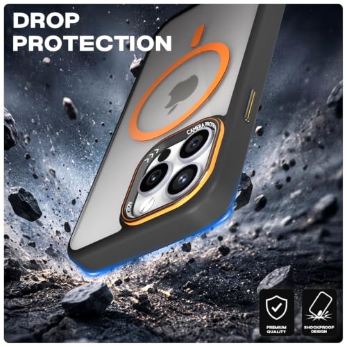 Image of Pikkme Back Cover for iPhone 14 Pro Max | Shockproof | Mag-Safe Compatible | Hard Transparent Back | Premium Raised Camera Protection | Bumper Case (Black & Orange Mag-Safe)