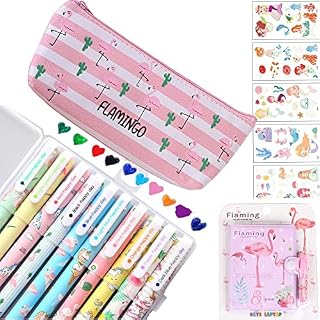 Cute Stationary Pencil Case Pens Set for Girls Kids Teens School Gift Present Supplies with 10 Colors Flamingo Gel Pens 1 Pencil Case for Student Back to School Birthday Gift Stationary Set