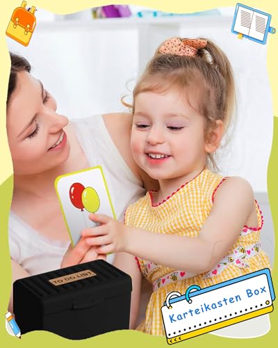 Karteikarten mit Box, A7 Lernkarteibox mit 230 Liniert, 15 Register, 6 Kartonetiketten, 6 Ringen, 2 Aufkleber für Lernen Schulsachen Büro