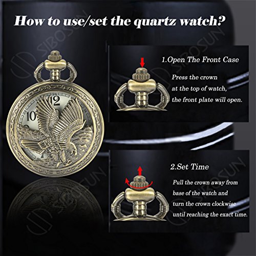 Image of SIBOSUN Eagle Design Pocket Watch with Chain Oversized 50MM 1.96 Inch Quartz Movement Arabic Numerals Half Hunter Cover Analog