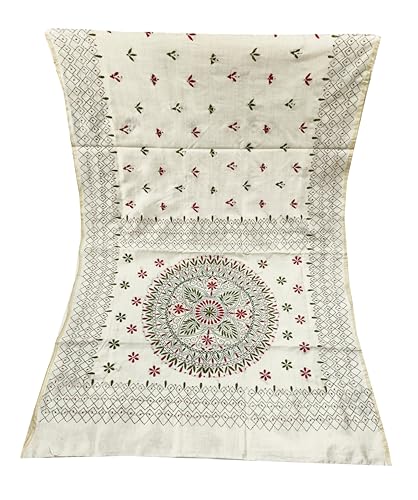 Image of SHRISTI CLOTHINGS Women's Hand Embroidered Cotton Silk Kantha Stitch Saree with Blouse Piece (SB4200924 OFFWHITED94)
