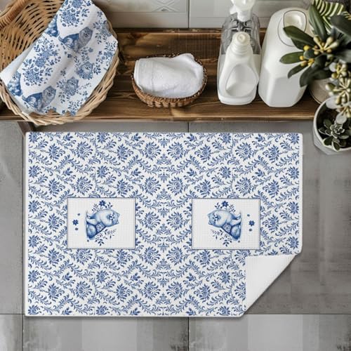 Image of Chinoiserie Pomeranian Kitchen Towels Set of 2, Blue and White Dog Dish & Tea Towels for Kitchen Bathroom Decor, Vintage Pomeranian Hand Towel for Farmhouse Decor,16x24 Inch