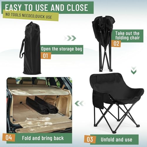 Image of Folding Camping Chair for Adults with Carry Bag, Portable Outdoor Moon Chair, Heavy Duty Steel Frame & Nylon Base Fabric for Camping, Beach, Fishing, Picnic, Lawn & Travel (Khakhi) (Black)