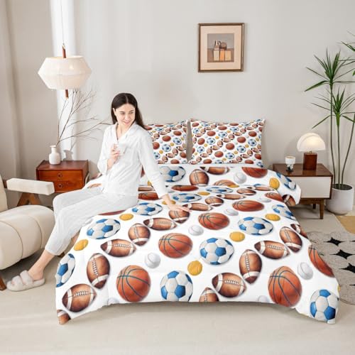 Image of Feelyou Soccer Football Comforter Set Full Size Basketball Baseball Softball Sport Theme Bedding Set for Kids Boys Girls White Blue Yellow Duvet Quilt Bedroom Decor 3 Pcs with 2 Pillow Cases