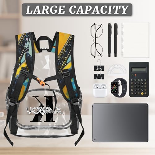 Personalized Small Clear Backpack Stadium Approved Heavy Duty PVC Plastic Custom Saxophone Transparent Backpacks See Through Bag with Name, Music Theme3