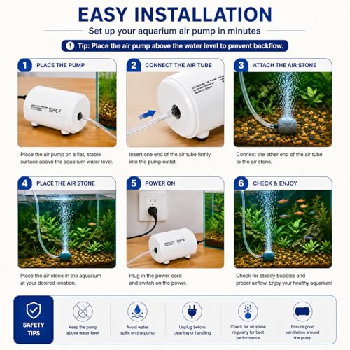 Image of VAYINATO BlueScale KE-511 Single Way Ultra Silent Aquarium Air Pump 2W - Oxygen Pump, High Air Output 1 x 3L /min, Energy-Efficient Aerator with 2M Air Tube & 1 Air Stones, Suitable Aquariums