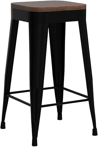 Miniatura 5 de Juego de 4 taburetes de bar de metal, altura de mostrador, sillas de bar modernas de 24 pulgadas sin respaldo, asiento de madera, altura del
