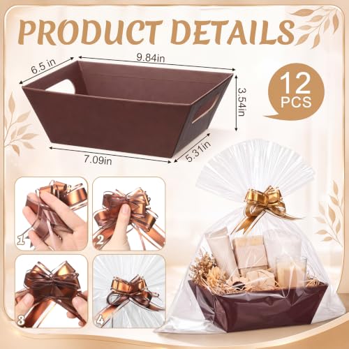 Image of Thenshop 44 Pcs Basket for Gifts Empty Gift Basket Bulk Include 12 Cardboard Tray 12 Plastic Bag and 20 Pull Bows for Christmas Fall Halloween Birthday Wedding Party DIY Wrapping (Brown,Solid)