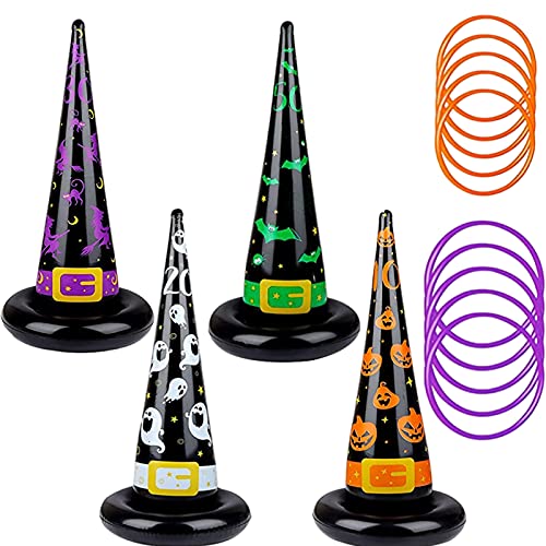 Inflatable Witch Hat Ring Toss Game - 4pcs Set with 10 Rings Halloween Party Game for Kids & Adults Indoor/Outdoor