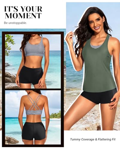 Image of Tempt Me 3 Piece Tankini Swimsuits for Women Athletic Bathing Suits Swim Tank Top with Boy Shorts and Bra Modest Swimwear