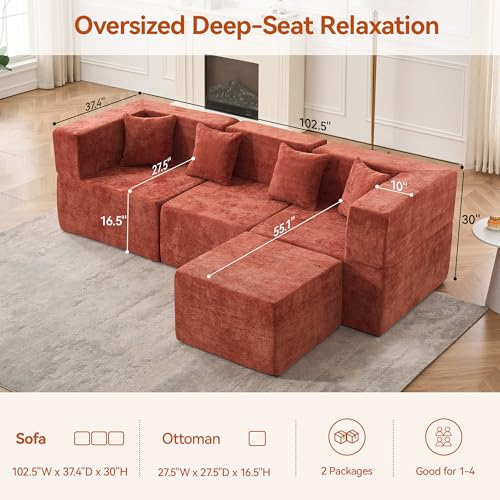 Image of MONVANE 103'' Modular Sectional Sofa, Cloud Sectional Couch with Ottoman, Convertible Chenille L Shaped Couch with Deep Seat, Sectional Couches for Living Room Bedroom, No Assembly Required, Rust Red