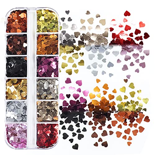 Heart Nail Glitter Sequins Valentine's Day Nail Art Stickers Decals 12 Colors Metal Reflective Holographic 3D Laser Heart Glitter For Nails Heart Flakes Acrylic Nails Design Nail Glitter Decoration #TOP2