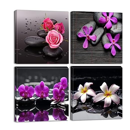 Piy Painting 4 Pièces Fleurs Tableau Peinture Sur Toile, Moderne Orchidée et Galets Mural Foto Chambre Décor –Plantes Vives Art Poster Cadre Photo Decoration pour Le Cadeau (30x30cm)