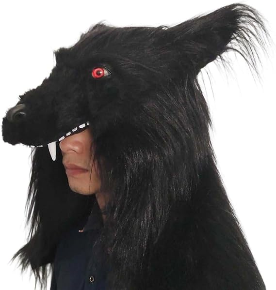 Full Head Black Wolf Headgear,Realistic Furry Viking Wolf Head Hat Mask,Halloween Fursuit Wolfs Costume for Role-play