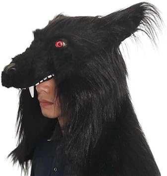 Full Head Black Wolf Headgear,Realistic Furry Viking Wolf Head Hat Mask,Halloween Fursuit Wolfs Costume for Role-play