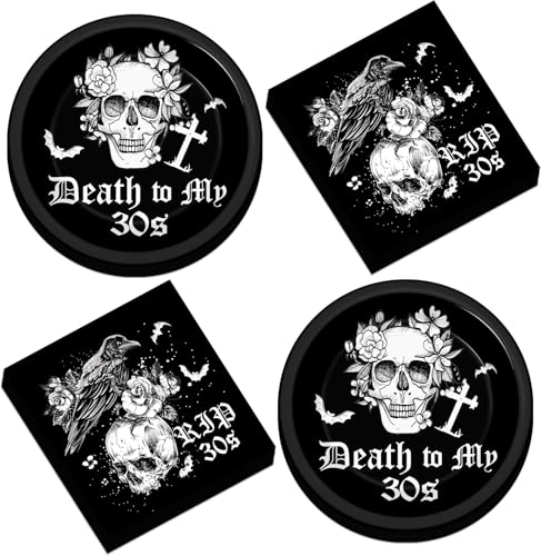 Qyeahkj 48pcs Dead to My 30s Birthday Decorations 40th Birthday Party Paper Plates and Napkins Death to My Thirties Tableware Dinnerware Decoration for Halloween Party Rip 30s Birth Supplies Serve 24