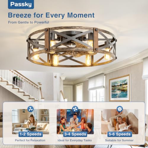 Image of Passky 24 inch Caged Ceiling Fans with Lights and Remote, Low Profile Fandelier | Reversible DC Motor, 1 /2 /4 /8H Timer, 6 Speeds, Farmhouse, Quiet Operation, 6 E26 Sockets, For Bedroom, Kitchen, Dining Room