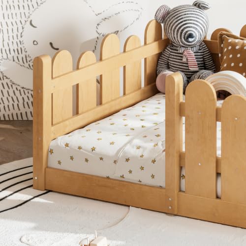 Image of Bellemave Twin Size Kids Montessori Floor Bed,Floor Bed Frame with Rounded Safety Guardrail,Solid Wood Montessori Bed for Girls Boys,Natural