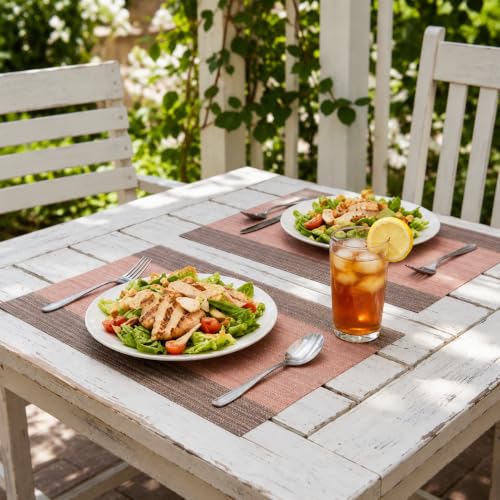 Image of YELONA Placemats Set of 4, Heat-Resistant Woven Vinyl Table Mats, Non-Slip & Washable Dining Tablemats for Kitchen & Dinner Decor, Peach & Brown (45cm x 30cm)
