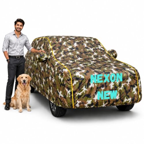 Image of Waterproof Car Cover for Nexon New | Soft Cotton Lining Heavy Duty Triple Stitched Heat Resistant Outdoor Cover Comes with Mirror and Antenna Pocket Full Bottom Elastic (Zig Zag Jungle)