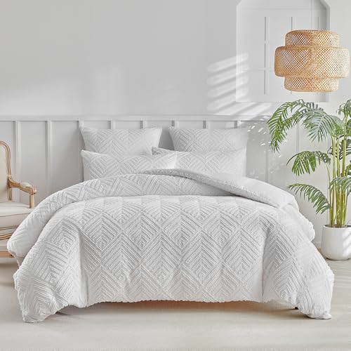 ChliEarime Heicatte Duvet Cover Full, White Boho Tufted Bedding Set,