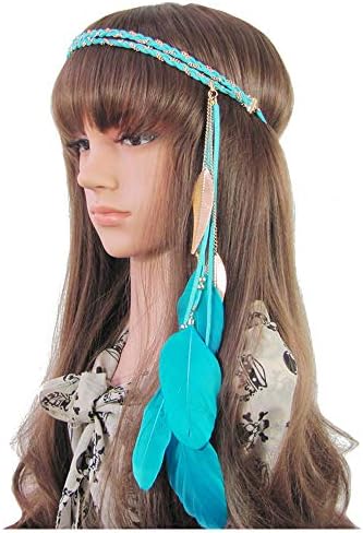Feather Headband Hippie Indian Boho Hair Bands Tassel Bohemian Halloween Hair Hoop Women Ladies Crown Hairband Party Decoration Headdress Cosplay Costume Headwear Headpiece Hair Accessories Blue