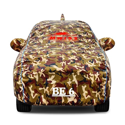 Image of MWISS Waterproof Car Cover for Mahindra BE 6 | Dustproof, UV & Scratch Resistant Soft Cotton Lining | Triple Stitched, Mirror Pockets & Elastic Hem | Jungle