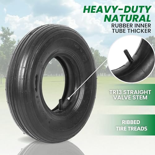 Image of (2 Sets) 4.00-6 Replacement Pneumatic Tires and Inner Tubes - Universal Fit 13 inch Tires and Tubes Compatible with Wheelbarrows and Gorilla Carts - With Ribbed Treads and TR13 Straight Valve Stems
