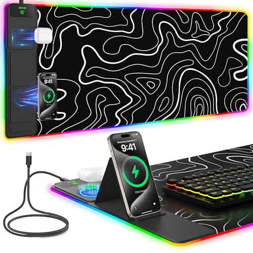 Image of Mouse Pad with Foldable Phone Holder & Wireless Charger, XXL RGB Gaming Mousepad 31.5 inchx15.8 inch Large Desk Mat for Keyboard, Black Desk Pad with Dual Qi Charging Station | 11 Colors 5 Modes | Waterproof