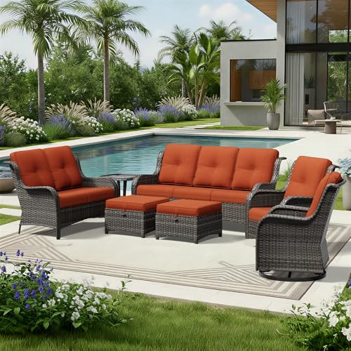 Image of Joyside 7 Piece Wicker Patio Furniture Set, Outdoor Swivel Rocker Patio Chairs with High Back, Deep Seating, Wide Armrest, Thickened Cushions, Outdoor Furniture for Deck, Porch Use