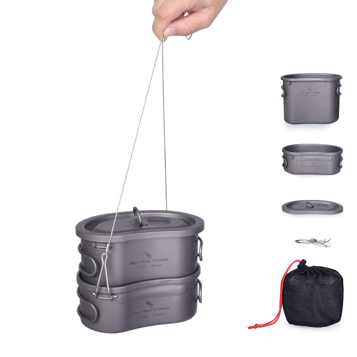 Boundless Voyage usharedo Titanium Camping Pots Set with Hanging Ring Ultralight Portable Bowl Picnic Cookware Titanium Canteen Mess kit for Outdoor Hiking Backpacking Mountaineering Ti15123B