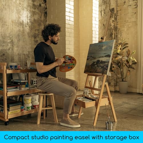 Image of MEEDEN Painting Easel with Storage Drawer, Studio H-Frame Easel- Adjustable (60 inch~75 inch) Solid Beech Wood Easel Stand for Painting for Adults, Holds Canvas Art up to 35 inch,Natural