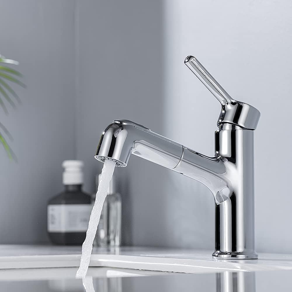 ONECE Rubinetto Bagno Lavabo con Doccetta Estraibile, 2 Modalità Getto, Miscelatore Monocomando in Ottone Cromato, Aeratore Rimovibile, Rubinetti Acqua Calda e Fredda