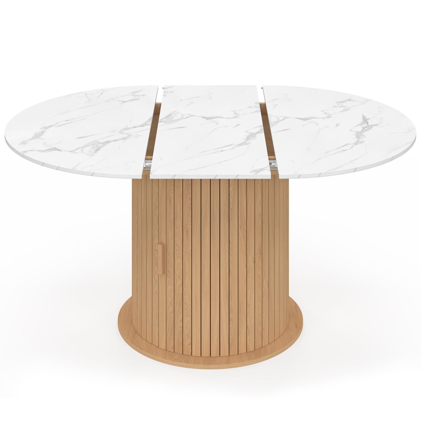 IDMarket - Table à Manger Extensible Ronde Juliette 4-8 Personnes Pied Lattes avec Rangement et Plateau Effet marbre Blanc 110-150 cm
