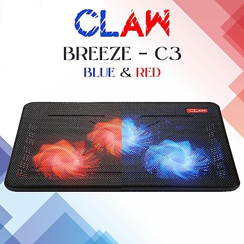 Image of CLAW Breeze C3 Laptop Cooling Pad with 3 Motor Fans, 2 Adjustable Height, with Built-in Dual USB Hub | Black and Blue