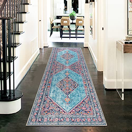 Casplapd Läufer, Teppich für Eingangsbereich, Used-Look, 5,4 x 1,8 m, rutschfest, perserischer Teppich für Flur, Küche, Schlafzimmer, Wohnzimmer, Waschküche, Blau Cover