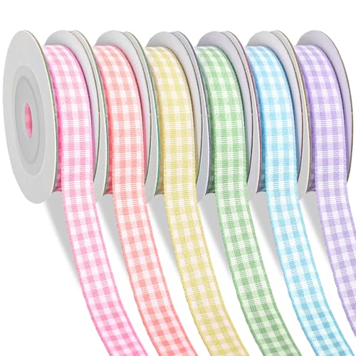 Whaline 6 Rolls Pastel Colorful Gingham Ribbons 60 Yards Spring Easter Plaid Craft Ribbon Checkered Fabric Wrapping Ribbon for Bow Wreath Party Home Decor 0.4 in