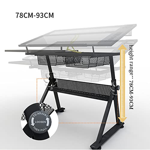 Adjustable Glass Top Drafting Table for Art and Craft W Station with Tiltable Tabletop