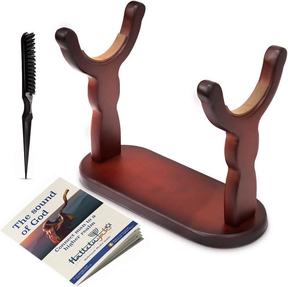 HalleluYAH Set of Shofar Stand - with Cleaning Brush, Blowing Guide | Fits All size of Kudu Horn Kosher Yemenite Shofars, Oryx, Eland | Made in Israel