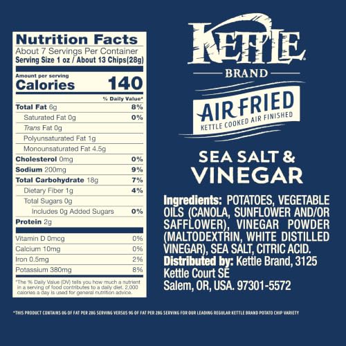 Image of Kettle Brand Air Fried Sea Salt & Vinegar Potato Chips, 6.5 Ounce (Pack of 12)
