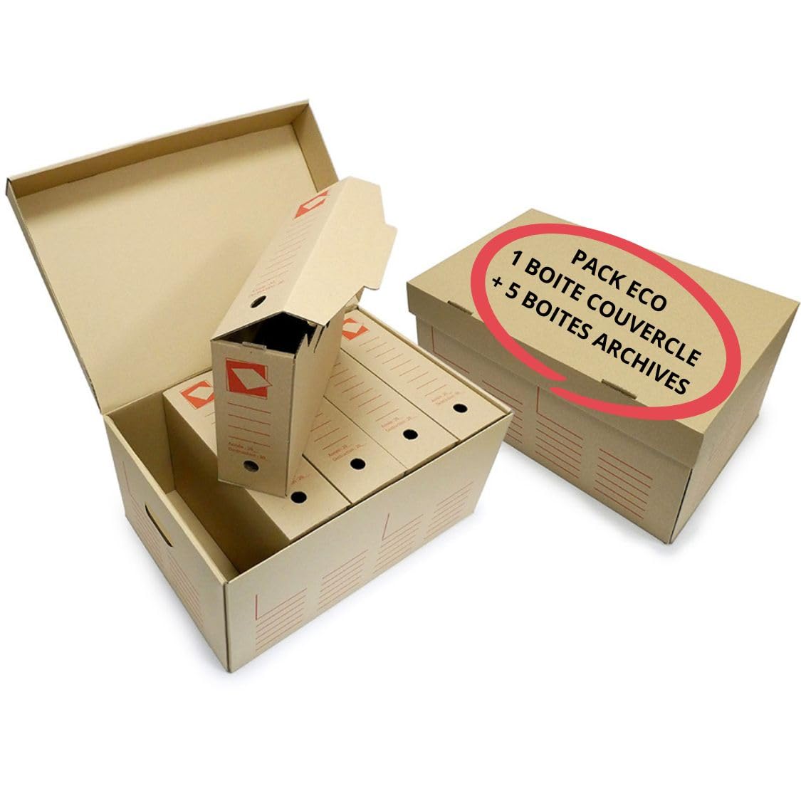 Générique Lot de 5 Boîtes d’Archives + 1 Grande Boîte Rangement et Classement | Carton Recyclé Poignées + Couvercle Amovible | Format 52x35x25 cm – Boîtes Dos 10 cm | Écologique, Résistant, Empilable