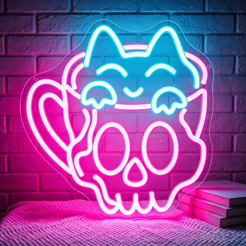 Image of Skeleton Cat Neon Sign for Wall Decor Skull Light Up Sign Hallowmas Led Signs for Room Party Home Wall Decor USB Powered