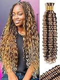 KULYMUWIG Ombre Human Braiding Hair 18 Inch 100 g 4 Bundles Deep Wave Bulk Human Hair for Boho Braiding 10A P4/27 Highlight Wet and Wavy Honey Blonde Curly Human Hair Extensions